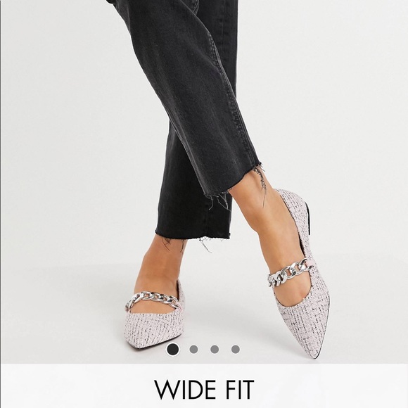 Brand New ASOS Pink Tweed Pointed Toe Flats with Silver Chain Detail - Picture 2 of 7